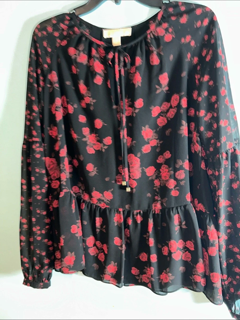 Michael Kors Black Blouse with Red Rose Print